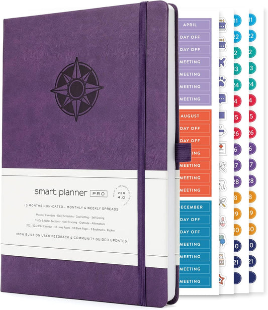 Smart Planner Pro – Undated Daily Planner – Medium B5 – Achieve Goals & Increase Productivity with Weekly, Monthly, Work Sections - Organizer Planner with Back Pocket, 3 Satin Bookmarks & Pen Holder