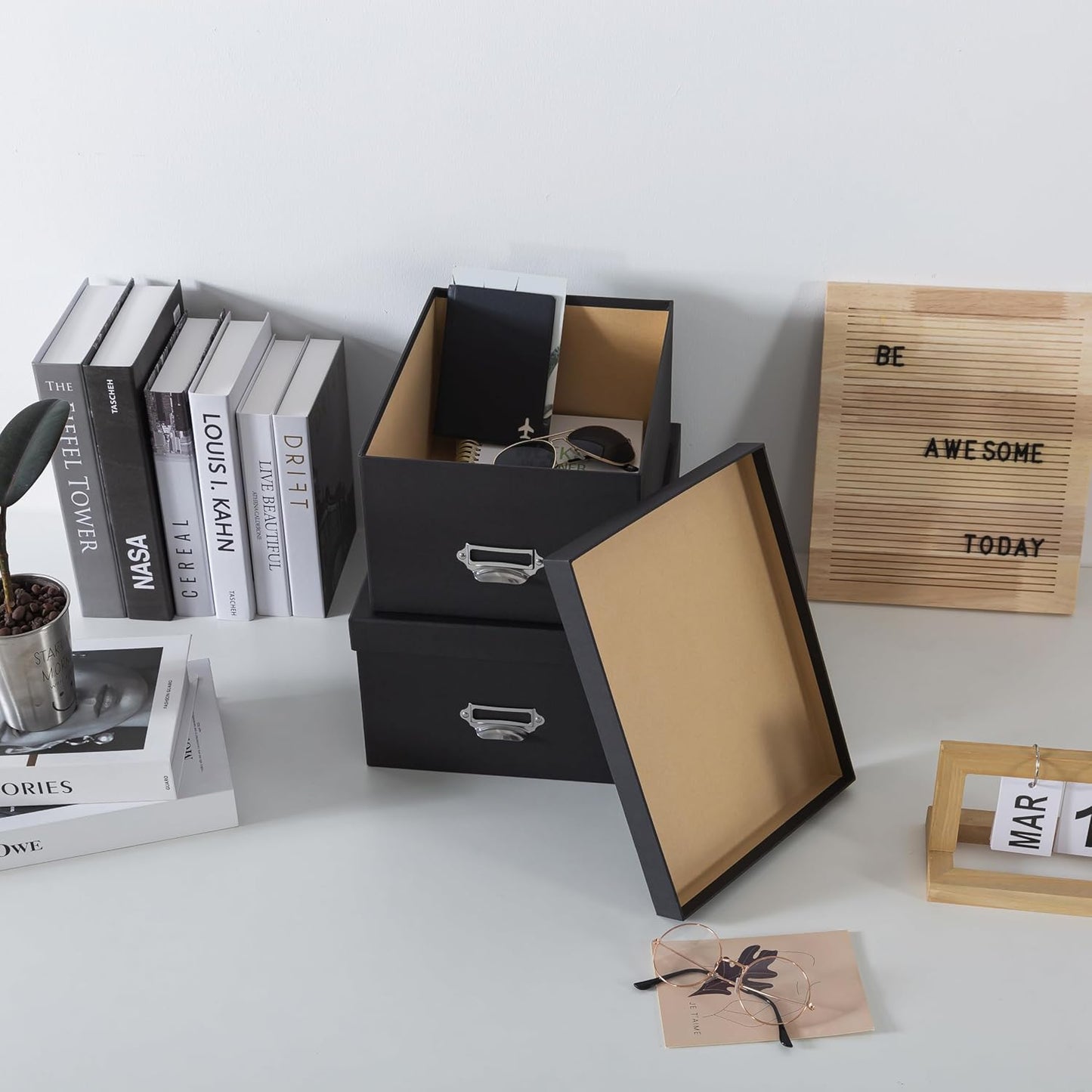 Soul & Lane Black Decorative Cardboard Storage Boxes with Lids, Set of 2 Stacking Keepsake Photo and Memory Boxes for Home & Office, Elegant Paperboard Organizers with Label Holders and Drawer Pulls