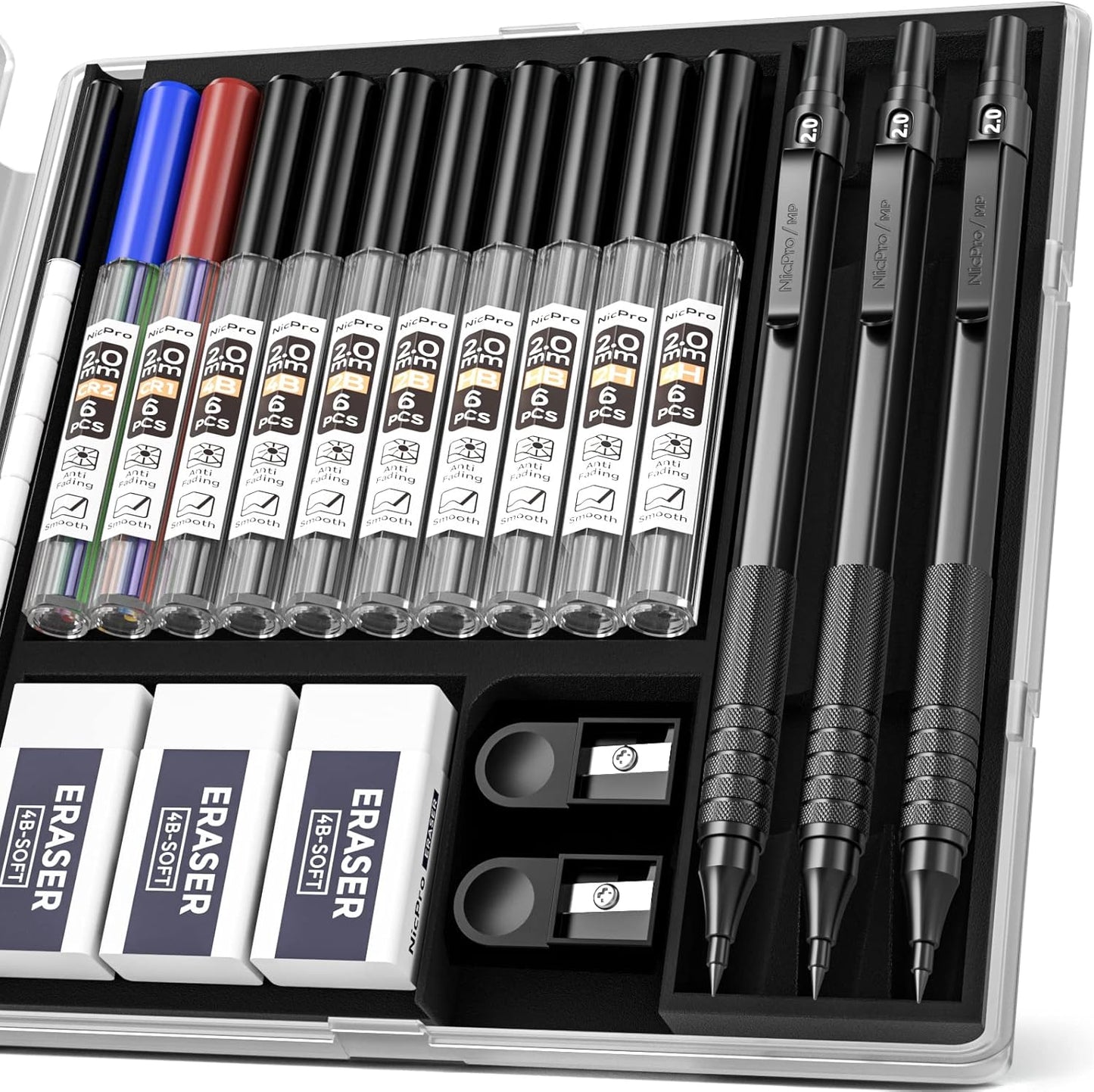 Nicpro Black Metal 2.0 Mechanical Pencil Set with Case, 3 PCS Drafting Lead Holder with 2mm Graphite Lead Refill (HB 2H 4H 2B 4B) & Colors, Sharpeners, Erasers for Artist Writing, Drawing, Sketching