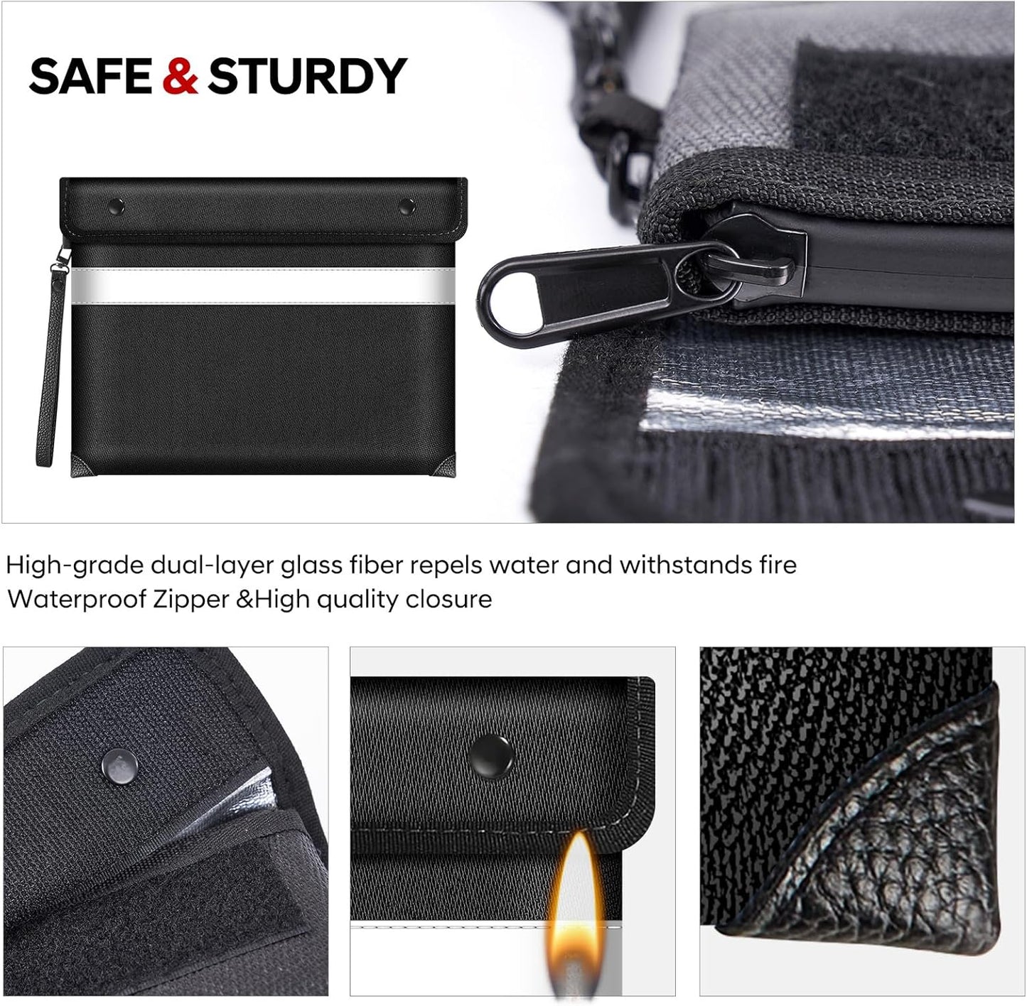 Fire Proof Bag for Documents 5200°F Heat Insulated,13.9” X 10.6”Fireproof Money Bag with Zipper,8 Layers of Protective Materials Waterproof Document Pouch for Cash,Valuables,Documents(Black)