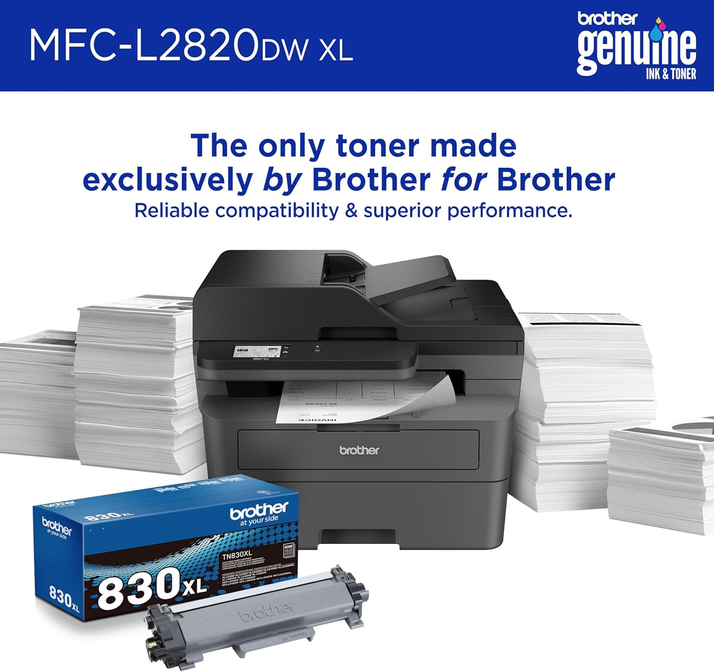 Brother MFC-L2820DW XL Wireless Compact Monochrome All-in-One Laser Printer with Copy, Scan and Fax, Duplex, Black & White | Up to 4,200 Pages of Toner Included(1), Works with Alexa