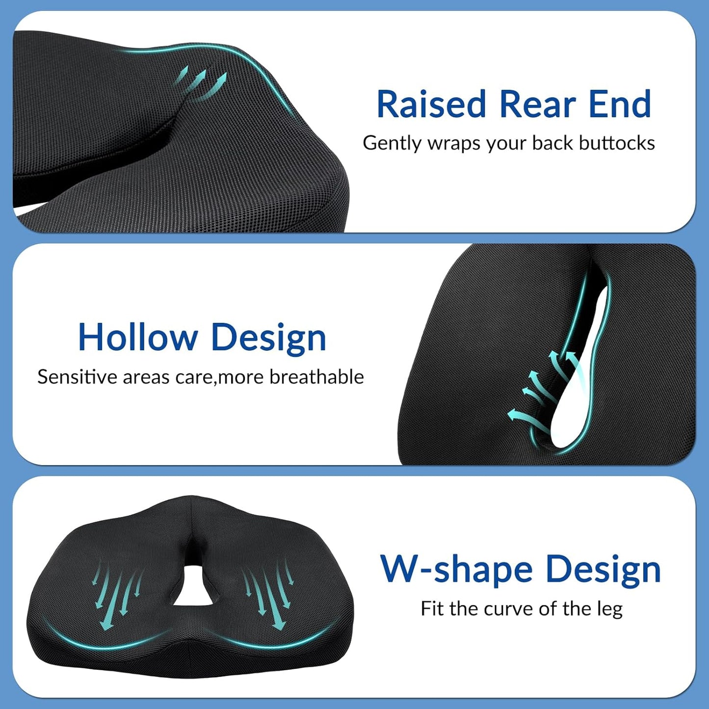 Ergonomic Memory Foam Seat Cushion for Office Chair, Extra Large Pad with U-Shaped Design for Pressure Relief, Coccyx Sciatica & Back Pain Relief, for Home, Car Long Sitting (Black)