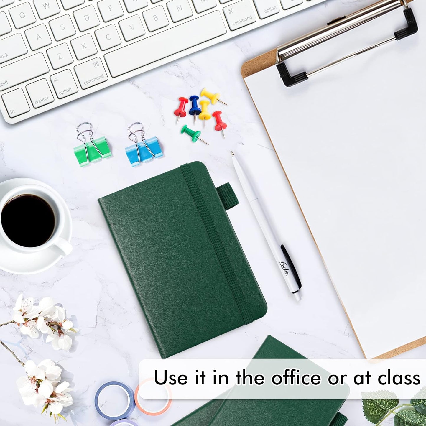 feela 6 Pack Pocket Mini Notebooks Bulk, Small Cute Memo Notepads Hardcover College Ruled Lined Journals with Pen Holder for School Business Work, with 6 Black Pens, 3.5”x 5.5”, A6, Dark Green