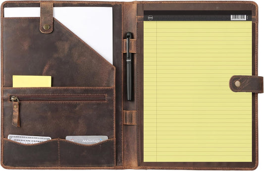 KomalC Leather Portfolio Folder with Button Closure | Business Padfolio for Professionals | Vintage Full-Grain Leather Organizer with Legal Pad Holder, Card Slots & Document Pockets (Distressed Tan)