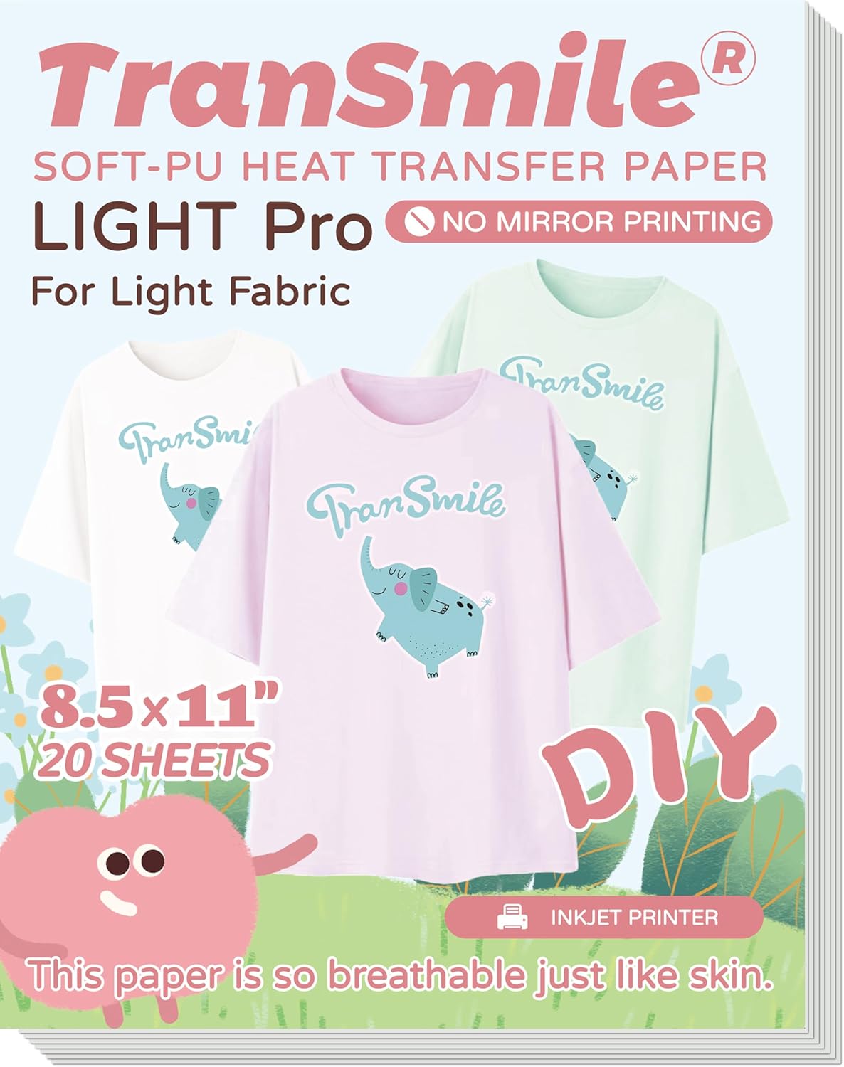 TranSmile PU-Heat Transfer Paper for T Shirts (20 Sheets, 8.5x11'', Light), Iron on Transfers for Light Fabric, Printable Heat Transfer Vinyl for Inkjet Printer