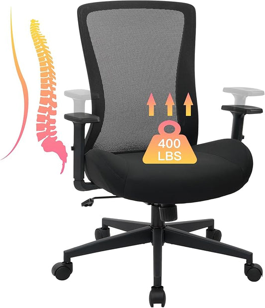 Heavy Duty Big and Tall Office Chair 400lb for Heavy People, Ergonomic Wide Desk Chair Black Mesh Office Chair with Lumbar Support, Adjustable Height and Armrests