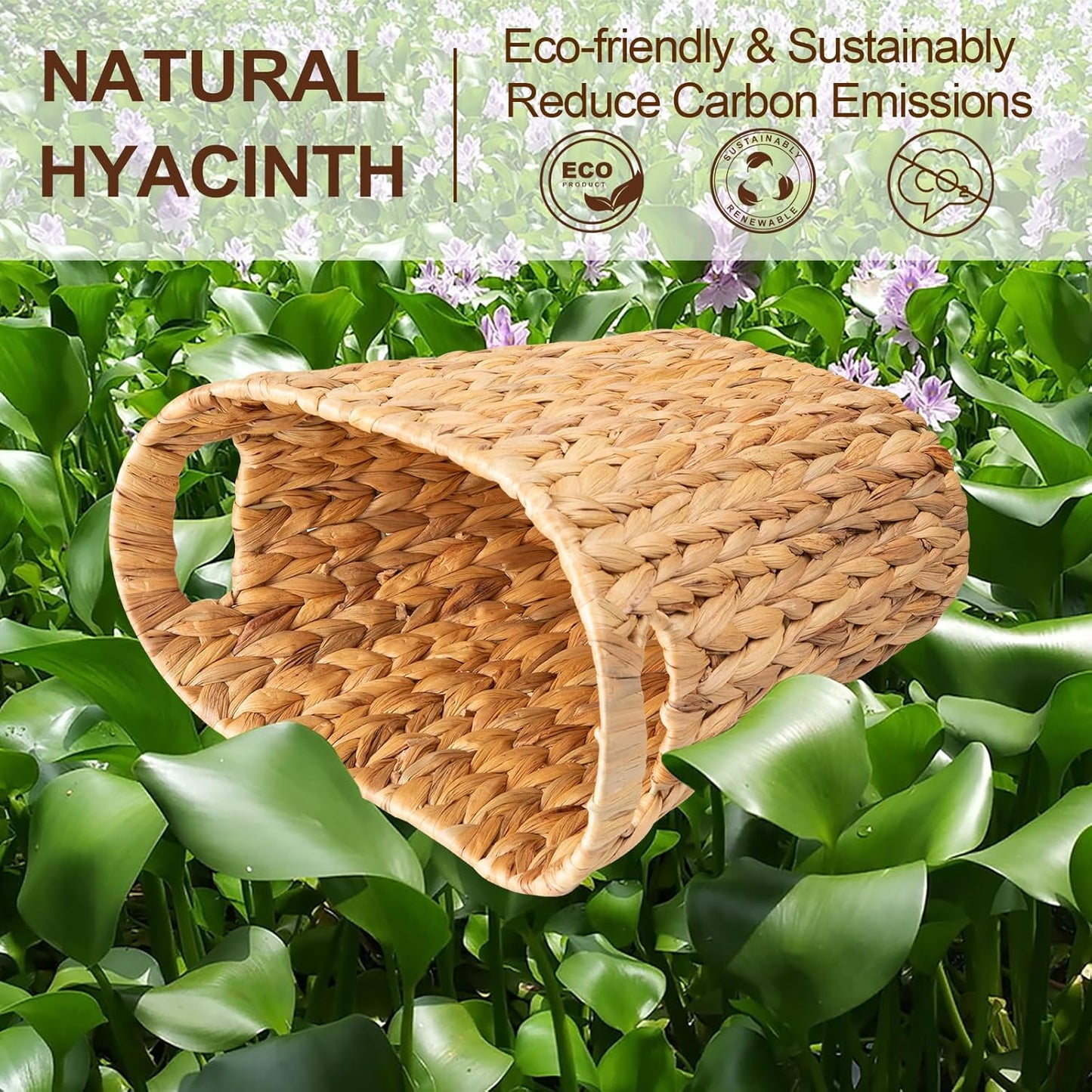 FairyHaus Wicker Trash Can with Handles, Natural Water Hyacinth Wicker Waste Basket, Handwoven Wicker Trash Basket for Bathroom Bedrooms, 13" L x 7.5" W x 12.2" H