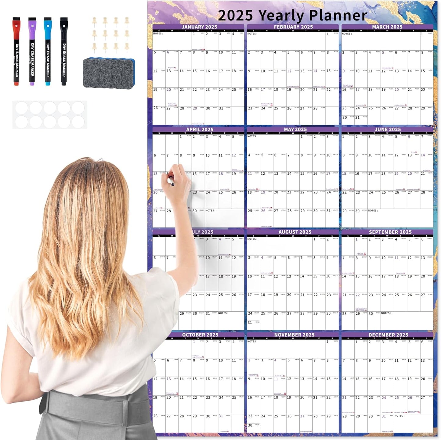 Ospelelf Large Dry Erase Calendar for Wall - 32'' x 48'' Vertical Calendar Laminated Yearly Family Calendar for Office, Use Jan 2025 - Dec 2026 (Marble)