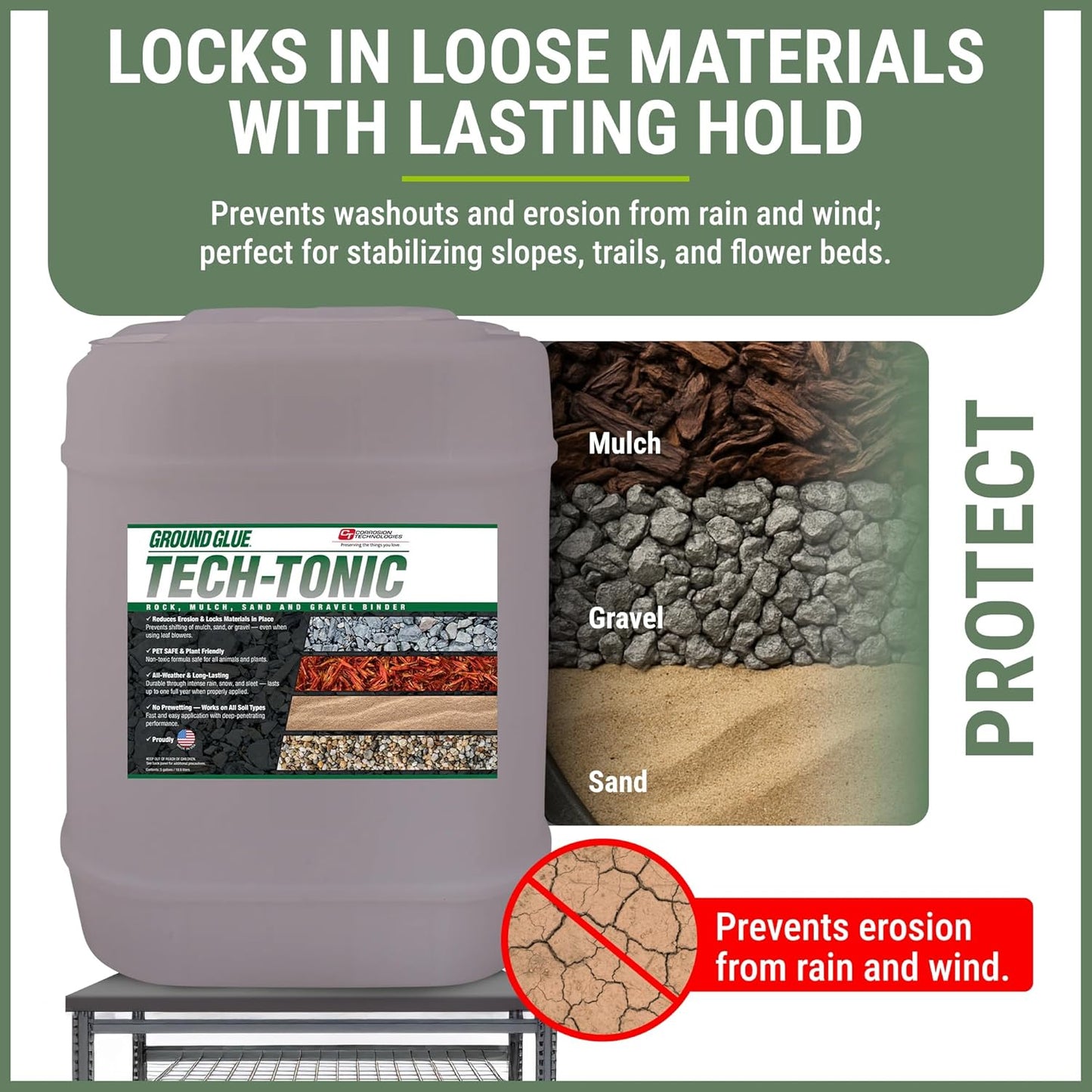 Ground Glue Tech-Tonic Landscape Adhesive for Rock, Mulch, and Sand, Weatherproof Long-Lasting Stabilizer for Trails & Slopes, Pet-Safe Binder for Pea Gravel, Bark & Flower Beds, 5 Gallon Tote