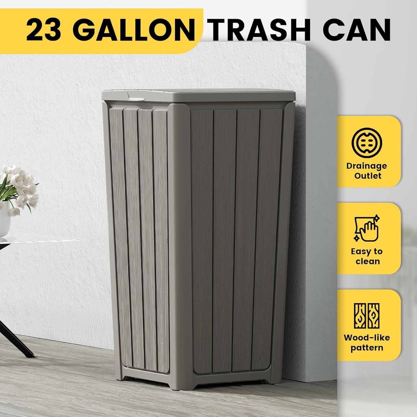 Outdoor Trash Can with Lid, Waterproof Resin Garbage Can with Tiered Lid, Outside Trash Bin for Patio, Kitchen, Backyard or Deck