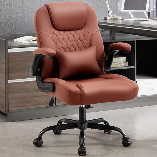 Executive Office Chair PU,Leather Office Chair with Wheels,360° Swivel Rolling Chair with Padded Arms,Ergonomic Computer Chair with Lumbar Support for Short People Use(Brown)