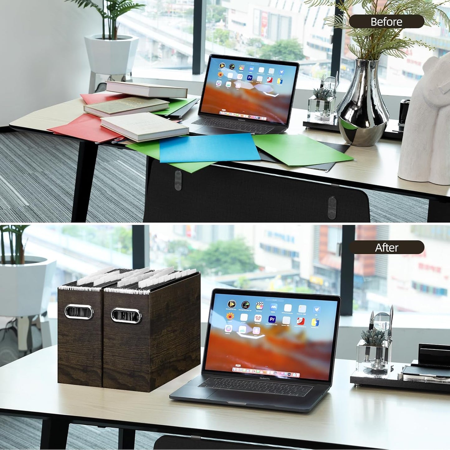 Oterri File Organizer - Small Cardboard Storage Box, Collapsible and Portable With Handle for Letter Size Files, Hanging Folder Box (Brown Wood Grain Print, Letter Size - 4 Packs)