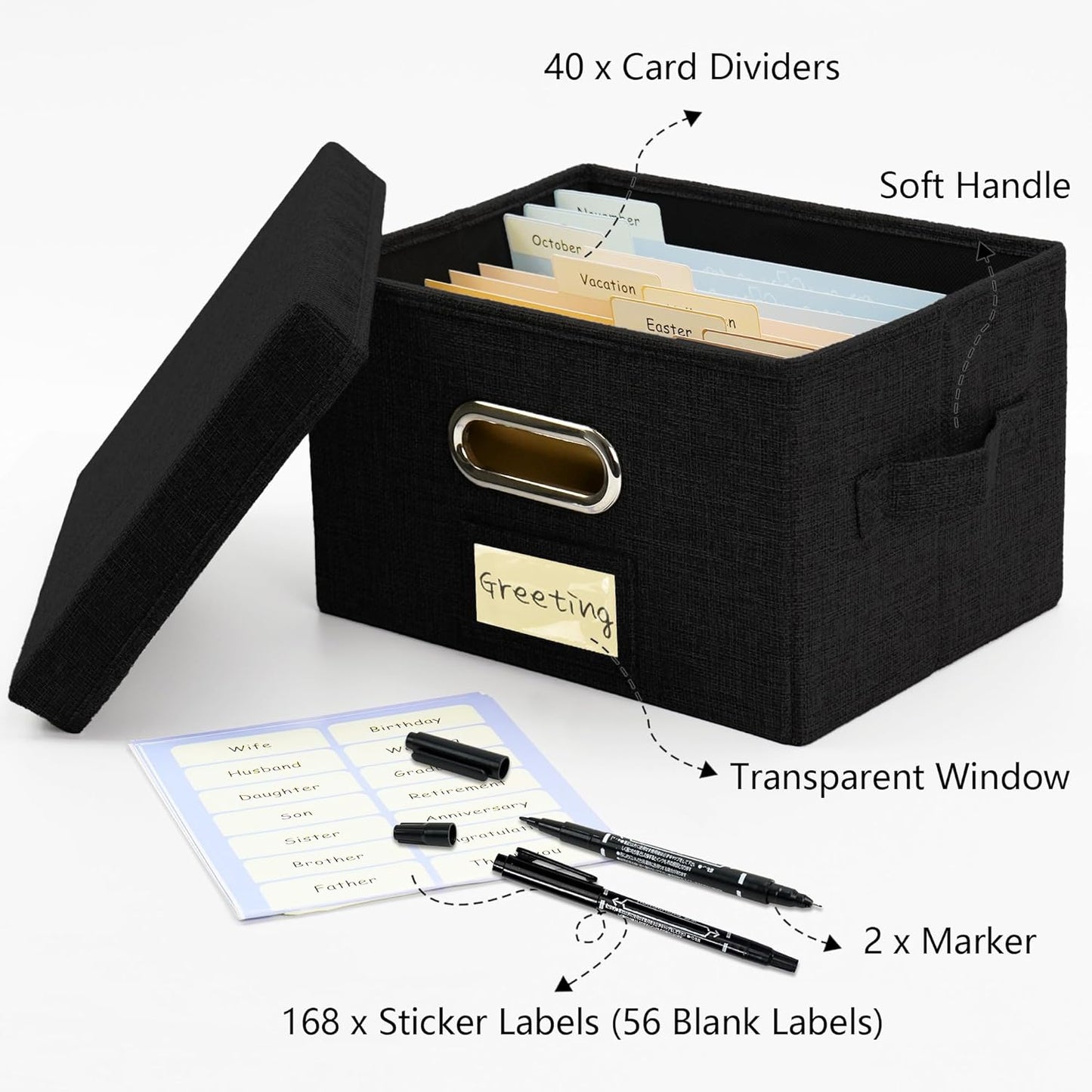 Greeting Card Organizer and Storage Box with 40 Pcs Adjustable Dividers, Storing Cards with 168 Pcs Labels Perfect for Storing Greeting Cards, Envelopes, Photos 2 Pack Black
