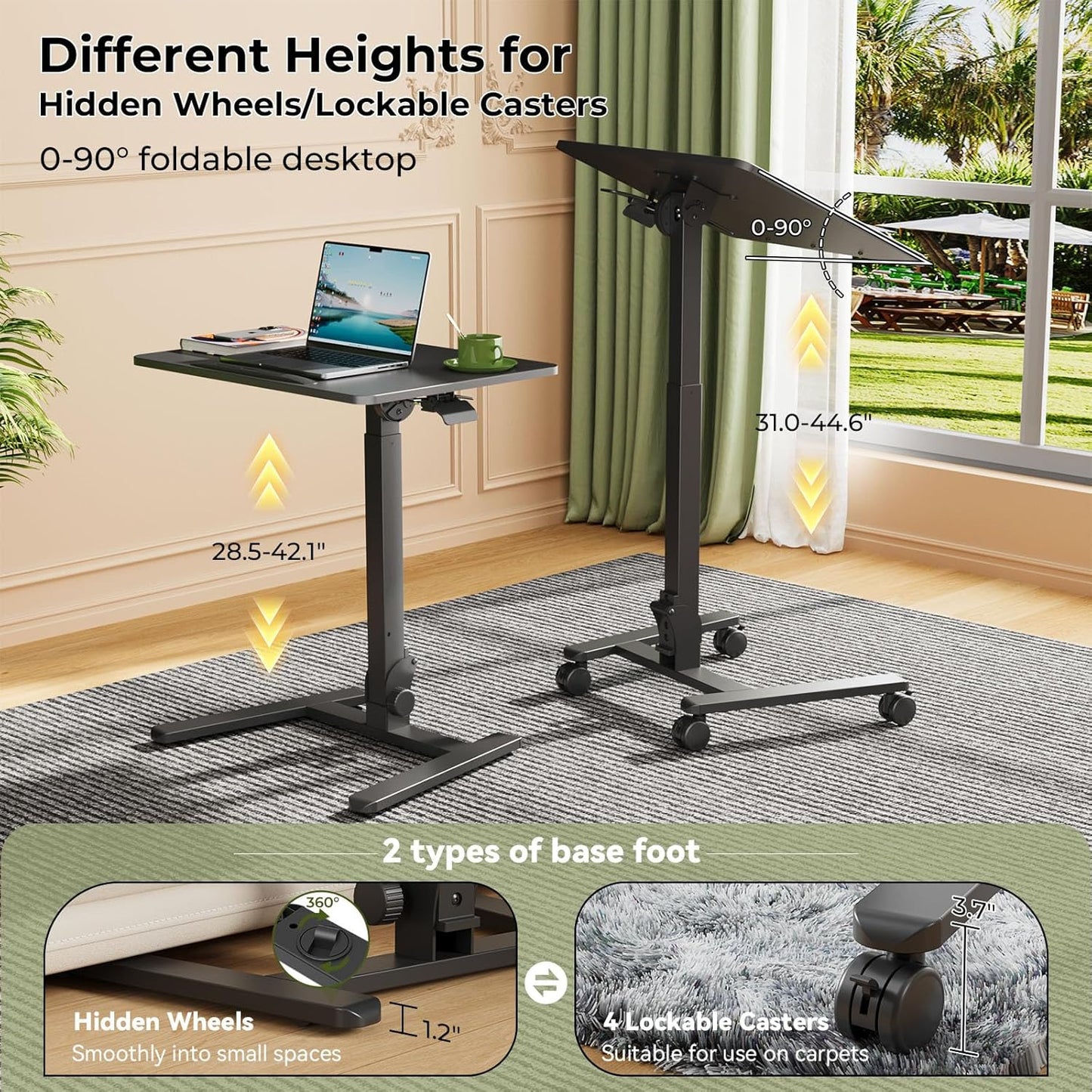 Foldable Standing Desk，Small Mobile Sit-Stand Desk with 90 Tiltable Top，Rolling Rising Laptop Workstation Adjustable Height，Portable Table on Hidden Wheels/4 Lockable Casters，Black
