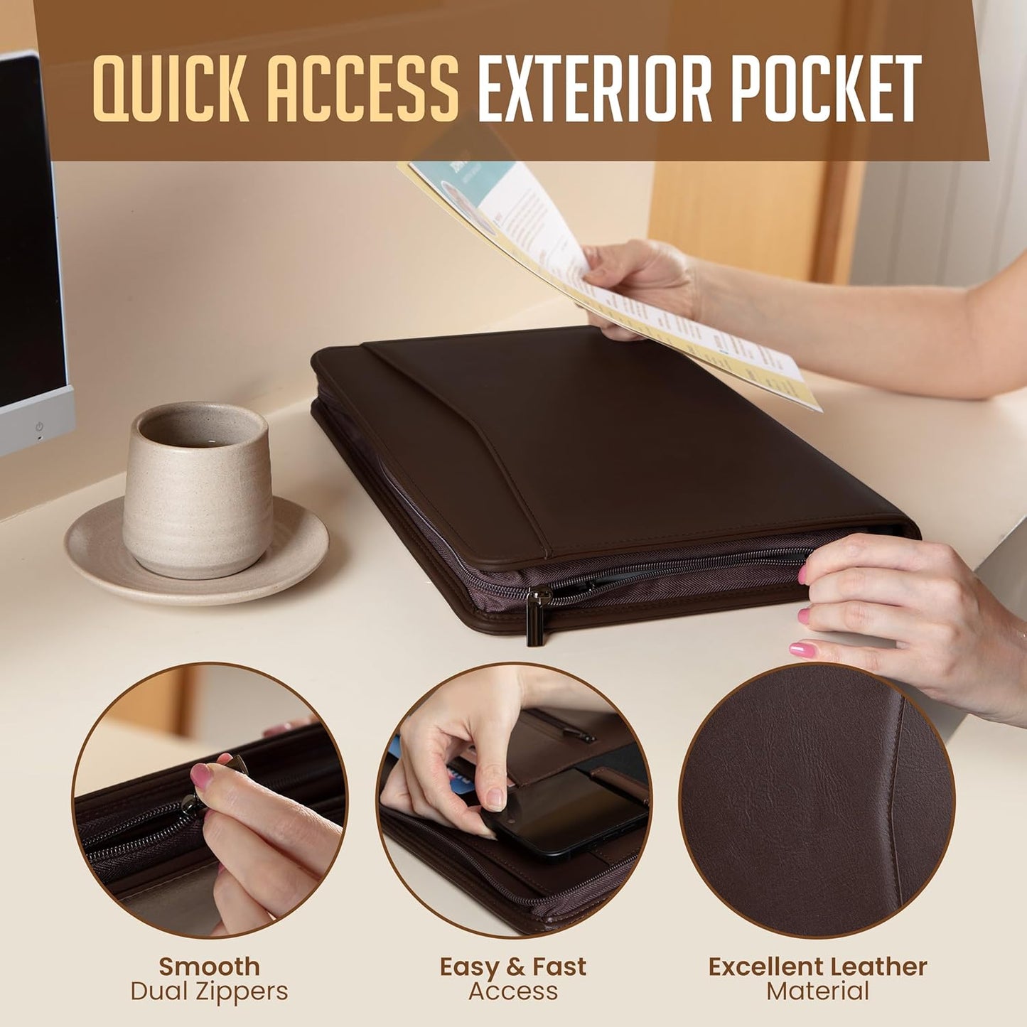 STYLIO Zipper Padfolio Portfolio Binder Organizer (Walnut Color) | Faux Leather Portfolio for Resume, Documents, Phone, Tablet, Business Supplies and Cards | Letter Sized Notepad Included | Brown