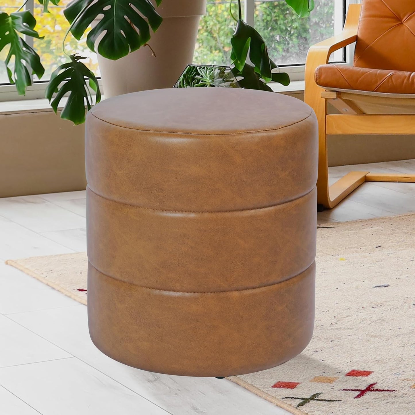 HomePop Upholstered Faux Leather Round Ottoman Home Décor|Foot Rest Ottoman- Carmel Brown