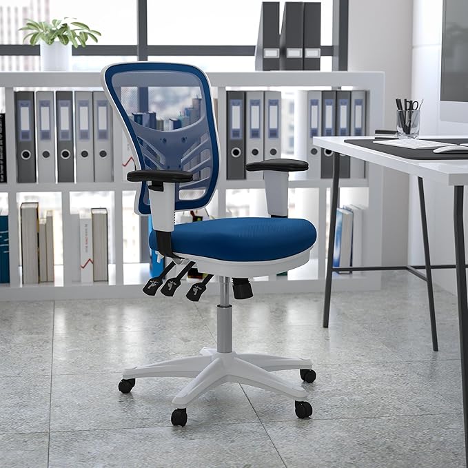Flash Furniture Nicholas Mid-Back Blue Mesh Multifunction Executive Swivel Ergonomic Office Chair with Adjustable Arms and White Frame