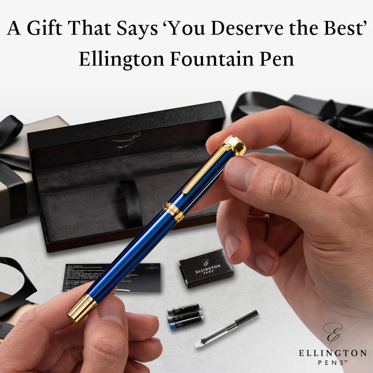Luxury Fountain Pen Set- Fountain Pens for Writing - Smooth Medium Nib - Includes Refillable Ink Converter, 3 Ink Cartridges [Black & Blue], Gift Box - Elegant Calligraphy