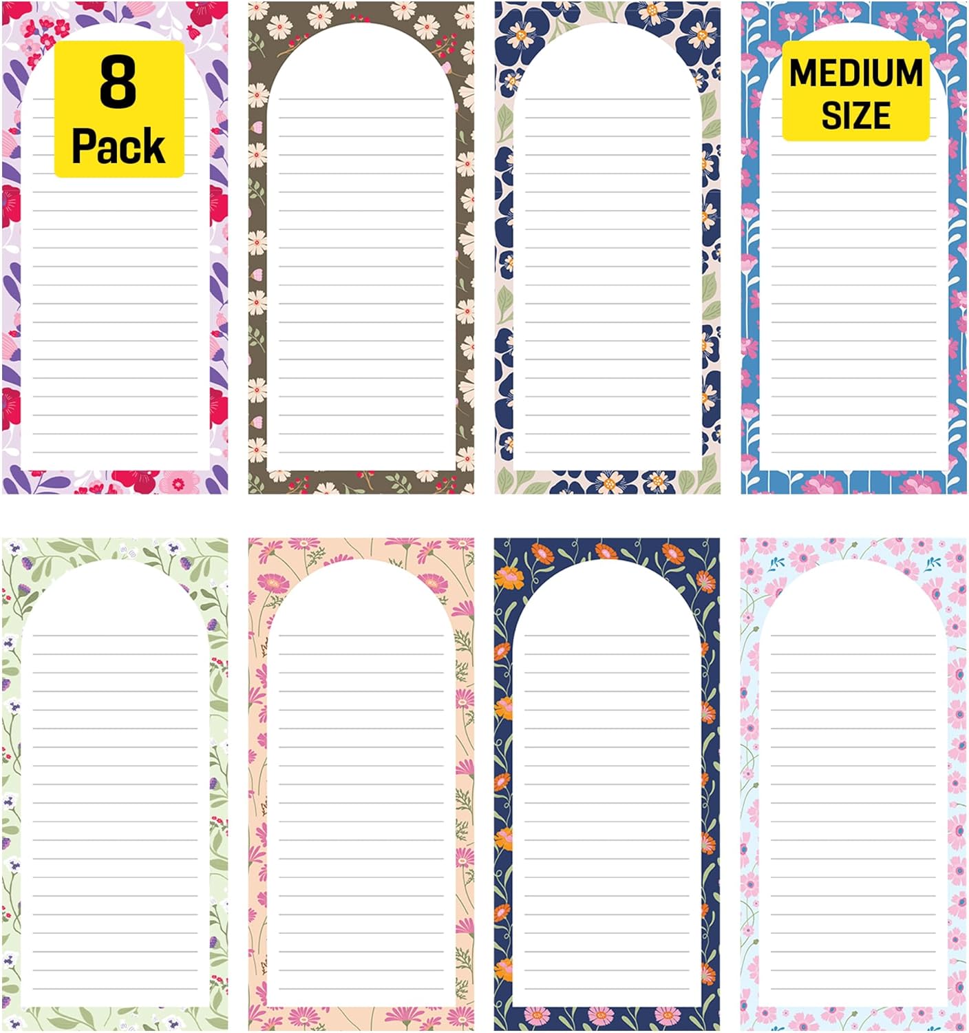Magnetic Notepads – Notepads for Grocery List, Shopping List, To-Do List, Reminders -Strong Magnetic Back- Memo Notepad | 8 pack Medium | Floral Style