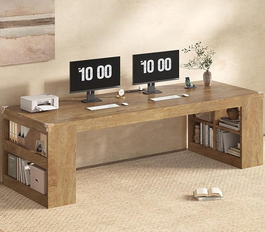 2 Person Desk, 86.6" Wood Office Desk with Storage Shelves & Cable Management, Extra Long Computer Desk, Two Person Gaming Desk, Double Writing Table for Home, Oak (Oak)