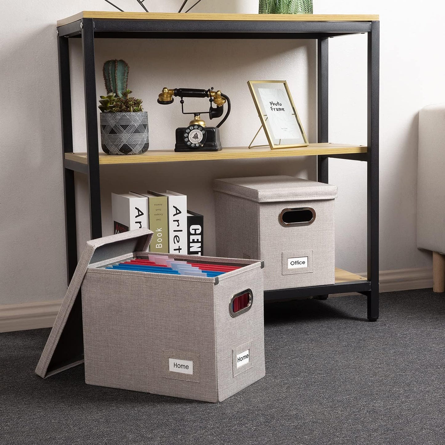 PRANDOM File Organizer Box - Set of 1 Collapsible Decorative Linen Filing Storage Hanging File Folders with Lids Office Cabinet Letter Size Light Grey (14x9.3x10.8 inch)