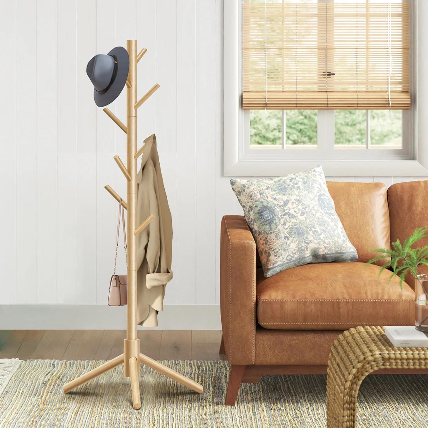 Wooden Coat Rack, Free Standing Coat Rack with 8 Hooks 3 Adjustable Heights for Clothes, Hats, Handbags, Coat Tree Easy Assembly for Entryway, Bedroom, Hallway, Office(2PCS)