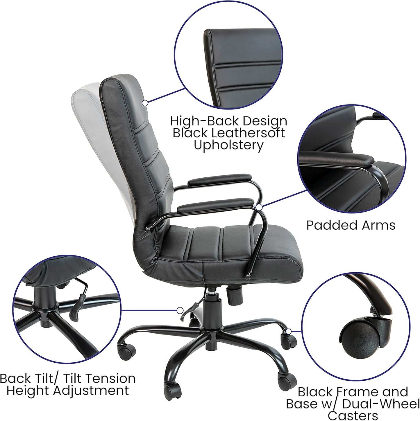 Flash Furniture Whitney High-Back Swivel LeatherSoft Desk Chair with Padded Seat and Armrests, Adjustable Height Padded Office Chair, Black