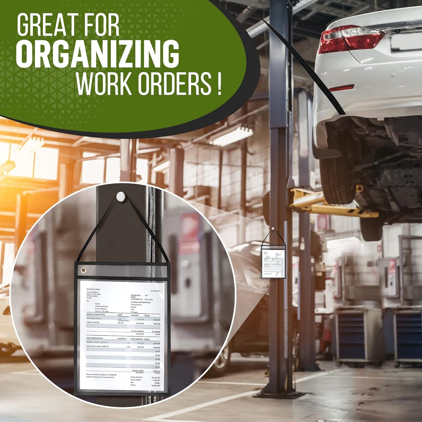 10 Pack Hanging Job Ticket Holders with Strap 9x12 in - Black Shop Ticket Holders with Hanging Strap - Heavy Duty Work Order Plastic Sleeves 9 x 12 in - Clear Plastic Sleeve - Hanger Dry Erase Pockets