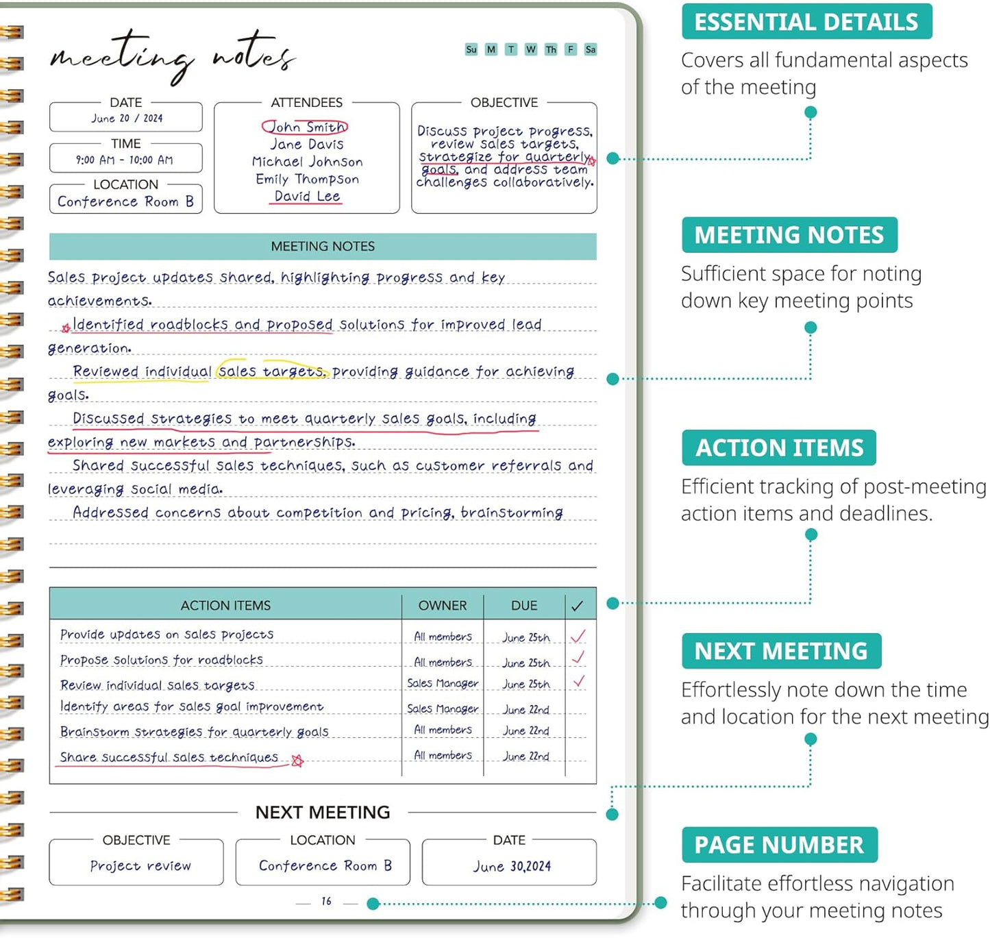 6 Pack of Meeting Notebook for Work Organization - Work notebook with action items, Meeting Minutes Planner Notebook, Perfect Office Supplies for Men & Women - Multi