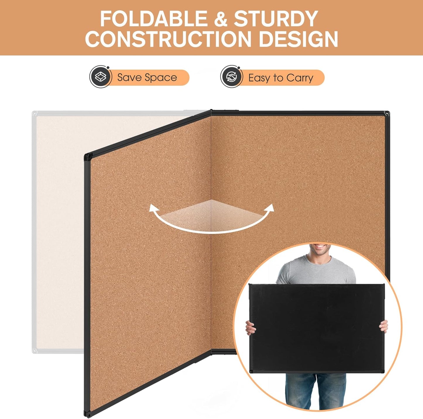 Board2by Cork Board Bulletin Board 36 x 48, Foldable Notice Pin Board for Wall, Black Aluminum Framed 4x3 Corkboard, Large Wall Mounted Office Board with 36 Push Pins for School & Home
