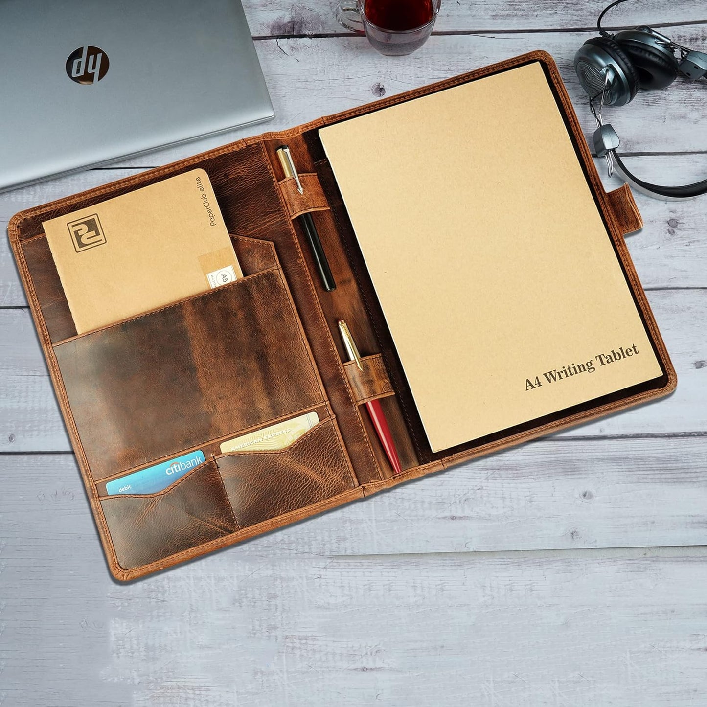 Leather Padfolio Legal Pad Portfolio Organizer | Handmade Executive Notebook Binder | Heavy Duty Full Grain Cow Hide Resume Interview Folio for Men Women, Rustic NoteBook Folder (brown)
