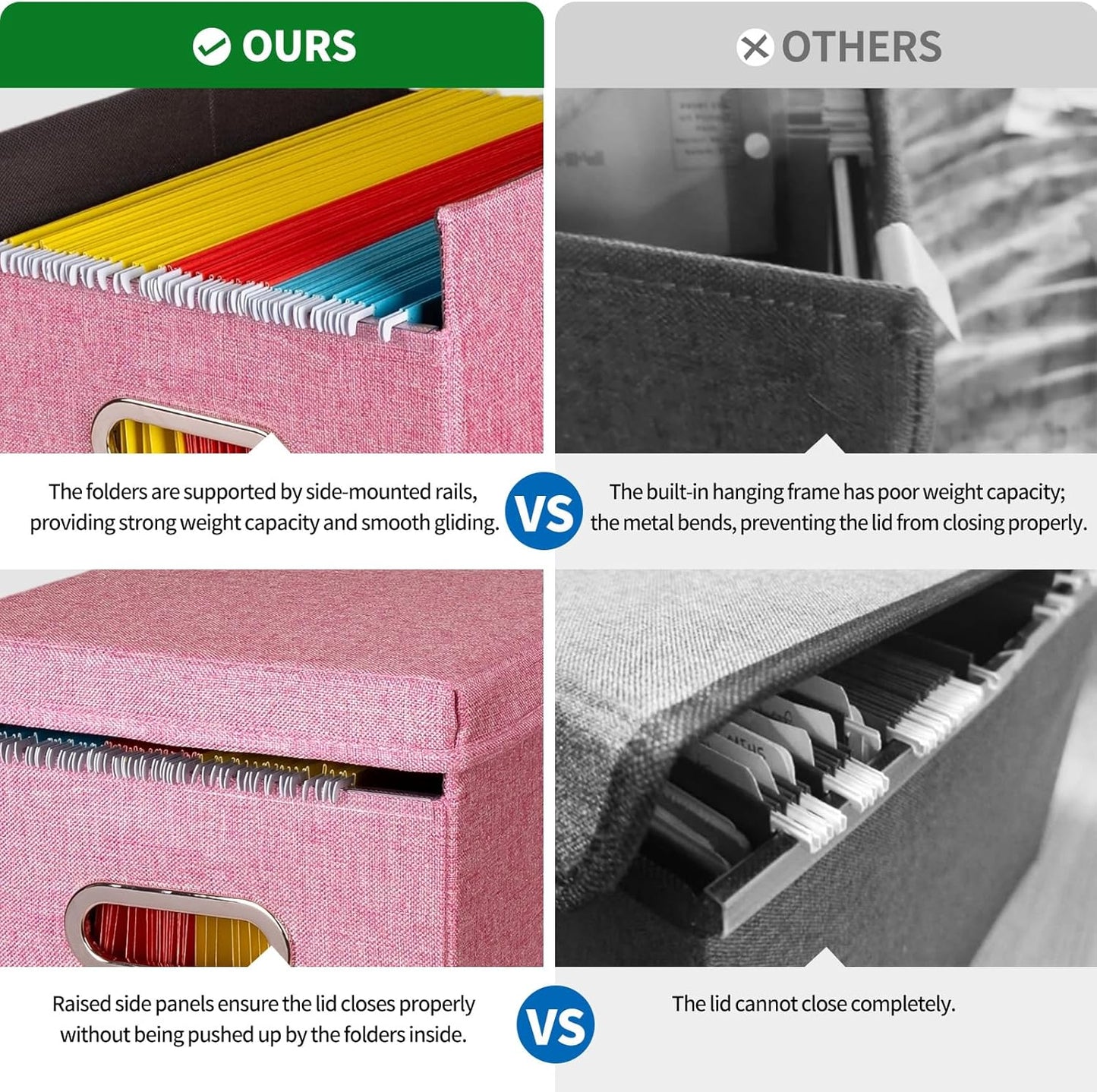 2 Pack Hanging File Folders Organizer with Lid, Letter Size Fabric File Storage Box Collapsible, Portable Office Document Holder with Metal Handle, Smooth PVC Rails, Pink