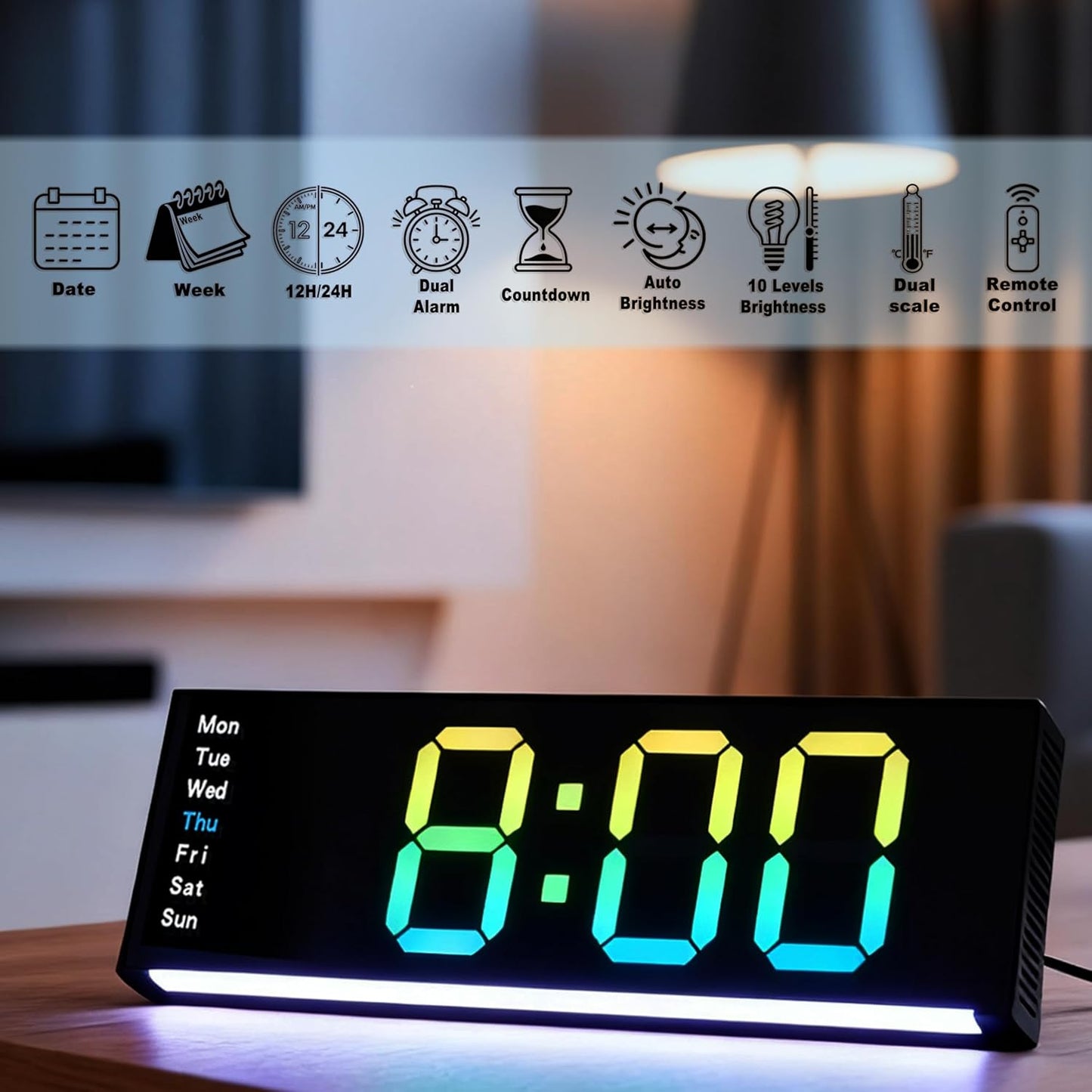 11 Inch LED Wall Clock with RGB Flowing Light | Large Digital Display with Date, Temperature, Dual Alarm, Countdown Timer, Remote Control | Silent Wall or Desk Clock for Home,Office,Living Room,Yoga
