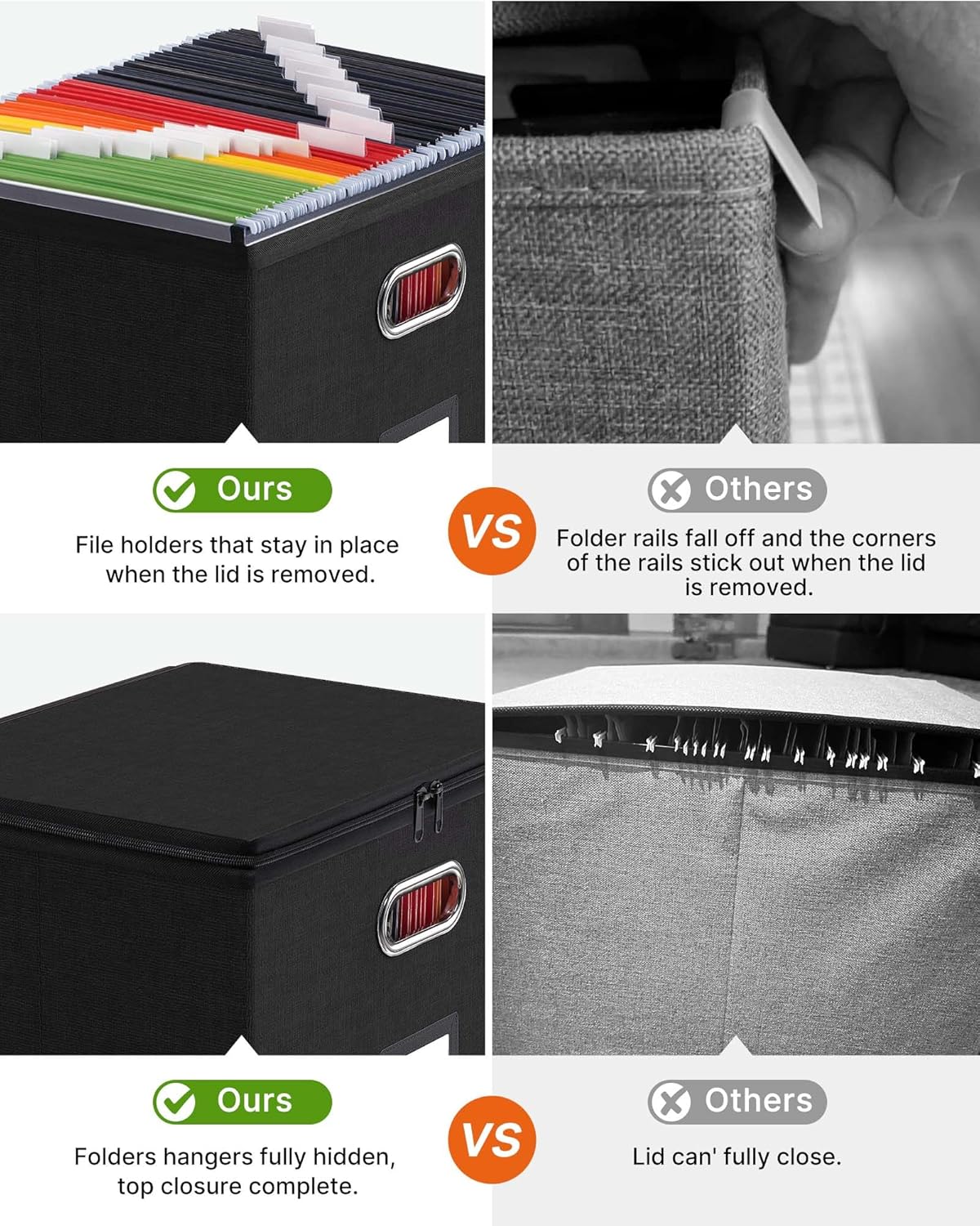 Oterri 1 Pack Large File Organizer Boxes with Lids, File Box with Mesh Pockets, Document Organizer Box for Legal/Letter Size Folders, Zippers Important Document Organizer (Black, Without Folders)