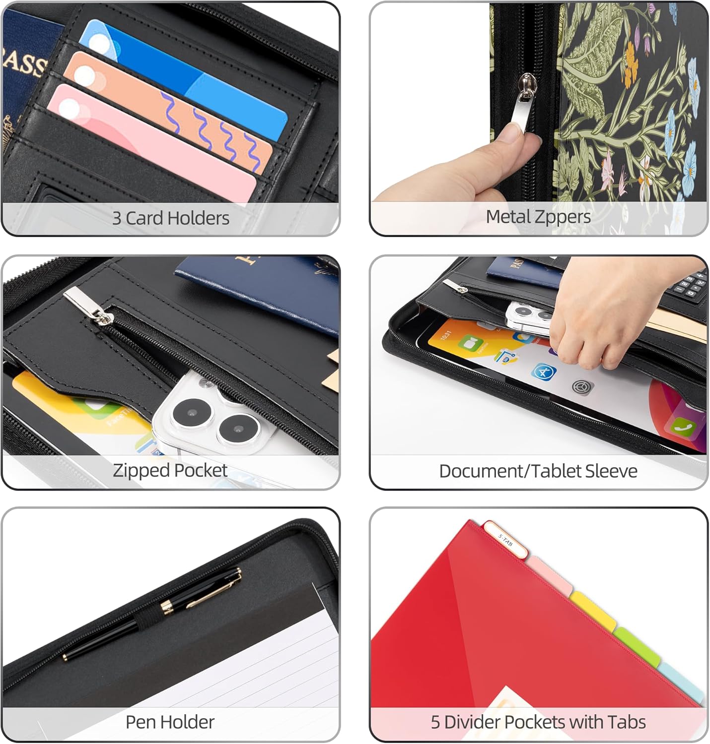 Ospelelf Leather Portfolio Folder with Zipper - 3 Ring Binder with Clipbard - Calculator, 12.1” Tablet Sleeve, 5 Dividers with 10 Pockets, Refillable Notepad, Card Holder (Bushes)