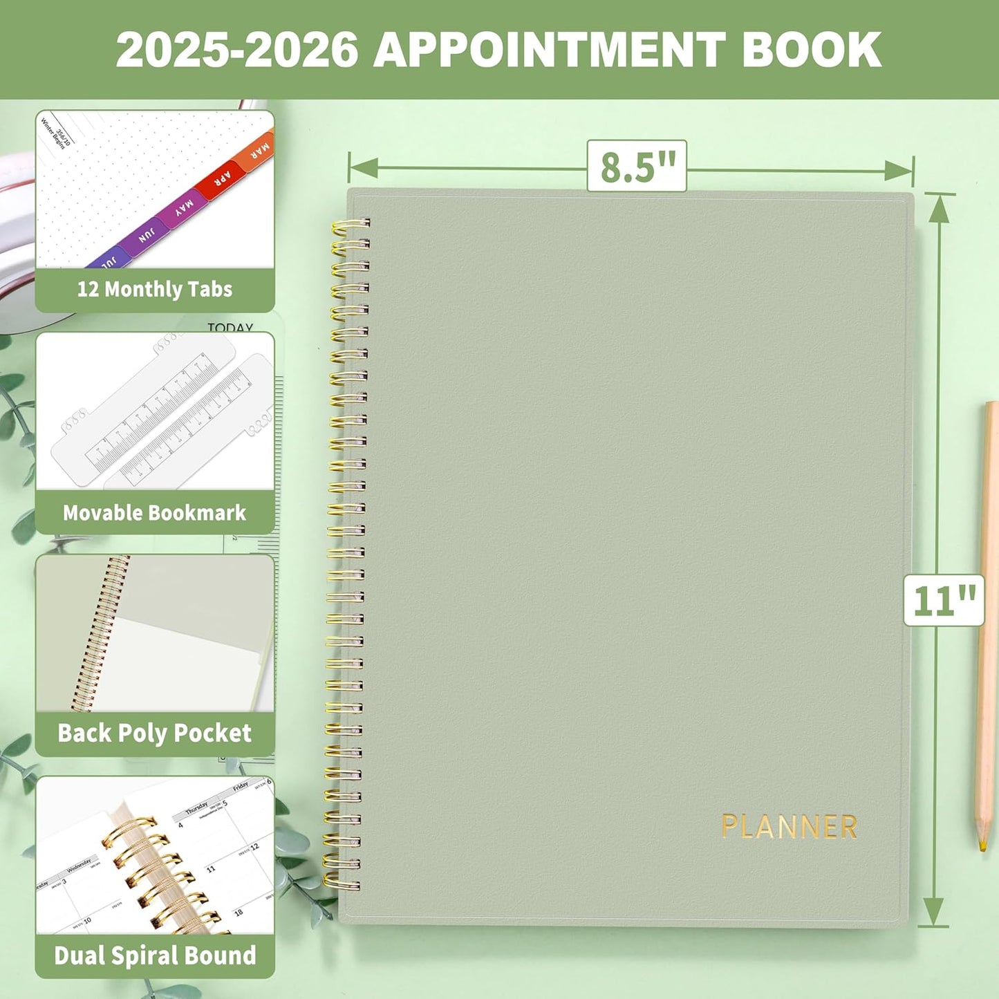 SUNEE 2025-2026 Appointment Book, Quarter-Hourly, Weekly & Monthly - from July 2025 to June 2026, 8.5"x11" Academic Planner, Flexible Cover, Note Pages, Pockets, Bookmark, Spiral Binding, Sage Green