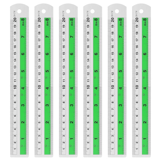 HARFINGTON 6pcs Metal Straight Ruler 20cm Metric SAE Aluminum Alloy Measuring Rulers Scale Tool with Hole for Measure Study Reading Classroom Office, Green