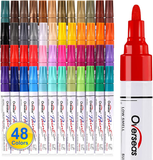 Paint Marker Pens - 48 Colors Permanent Oil Based Paint Markers, Medium Tip, Quick Dry and Waterproof Assorted Color Marker for Metal, Wood, Plastic, Rock Painting, Stone, Canvas, Glass, Ceramics