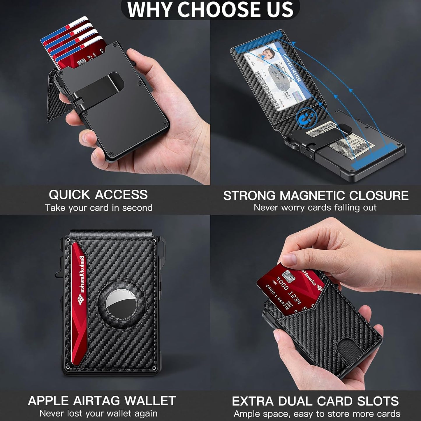 Airtag Wallet for Men, Mens Smart Wallet for Air Tag RFID Blocking, Minimalist Bifold Pop Up Aluminum Credit Card Case Holder 12+ Cards with ID Window, Gift for Men, No Airtag Included, Carbon Fiber