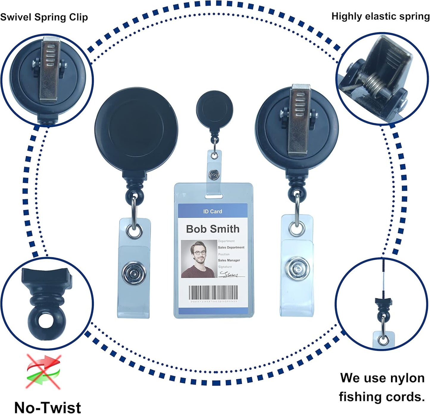 Badge Reels Retractable Badge Holder with Clip, Id Clips for Badges, Id Badge Reel, Retractable Id Badge Clip with Clear Vinyl Strap & Alligator Swivel, No Twist Dispenser (Black)