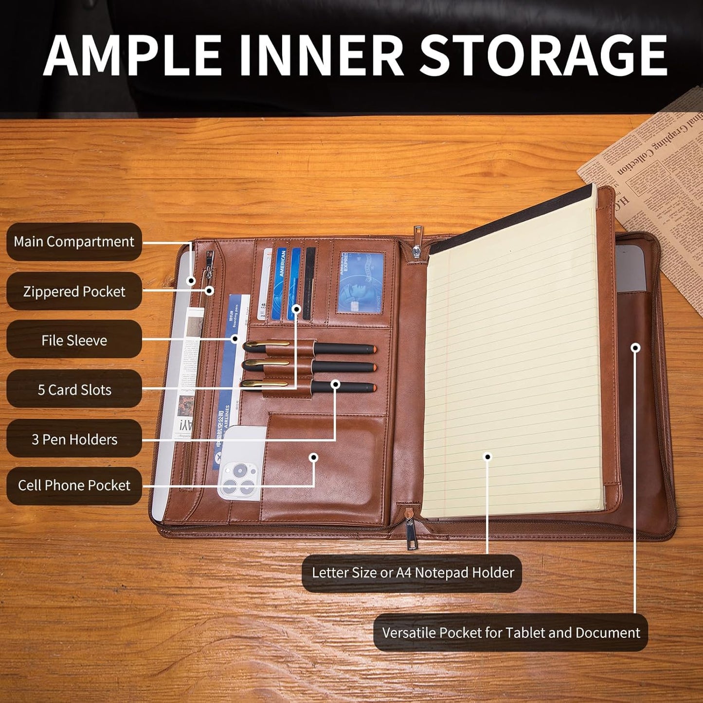 Personalized Vegan Leather Portfolio with Hidden Handle, Front Pocket, Custom Business Padfolio Tablet/13” Laptop Organizer, Professional Executive Document Folio, Brown