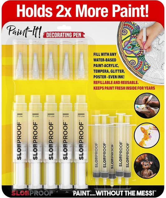 Slobproof Paint It! Decorating Pen, Refillable Paint Pens, Fine Tip, Home, Hobbies, Crafting, Scrapbooking, Fills with Chalk, Glitter, & Metallic Paints, Works on Wood, Fabric, Metal, Pack of 5