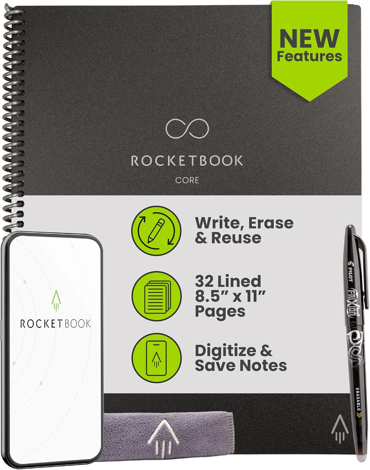 Rocketbook New Core Reusable Spiral Notebook, Letter Size 8.5x11, Black - Lined Pages, App-Connected, Erasable, Durable Cover, Ideal for School, Work, and Creative Projects