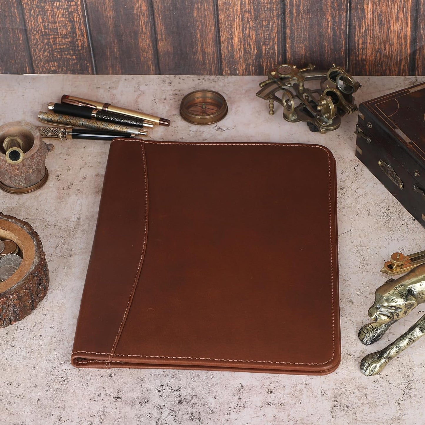 Heavy Duty Buffalo Leather Legal Pad Portfolio Handmade Executive Notebook Binder, Professional Padfolio Organizer Gift for Men and Women Genuine Leather Resume Document Holder (Tan)