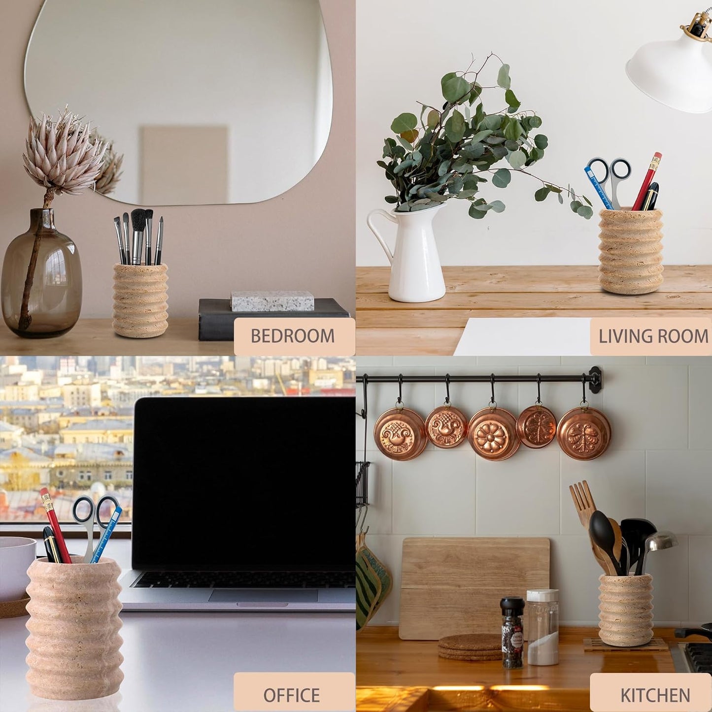 WORHE Pen Holder Stand for Desk, Natural Travertine Stone Makeup Brush Holders, Modern and Functional Pencil Cup for Office Supplies Tableware Organizer for Home Decor School Beige (PH90110)