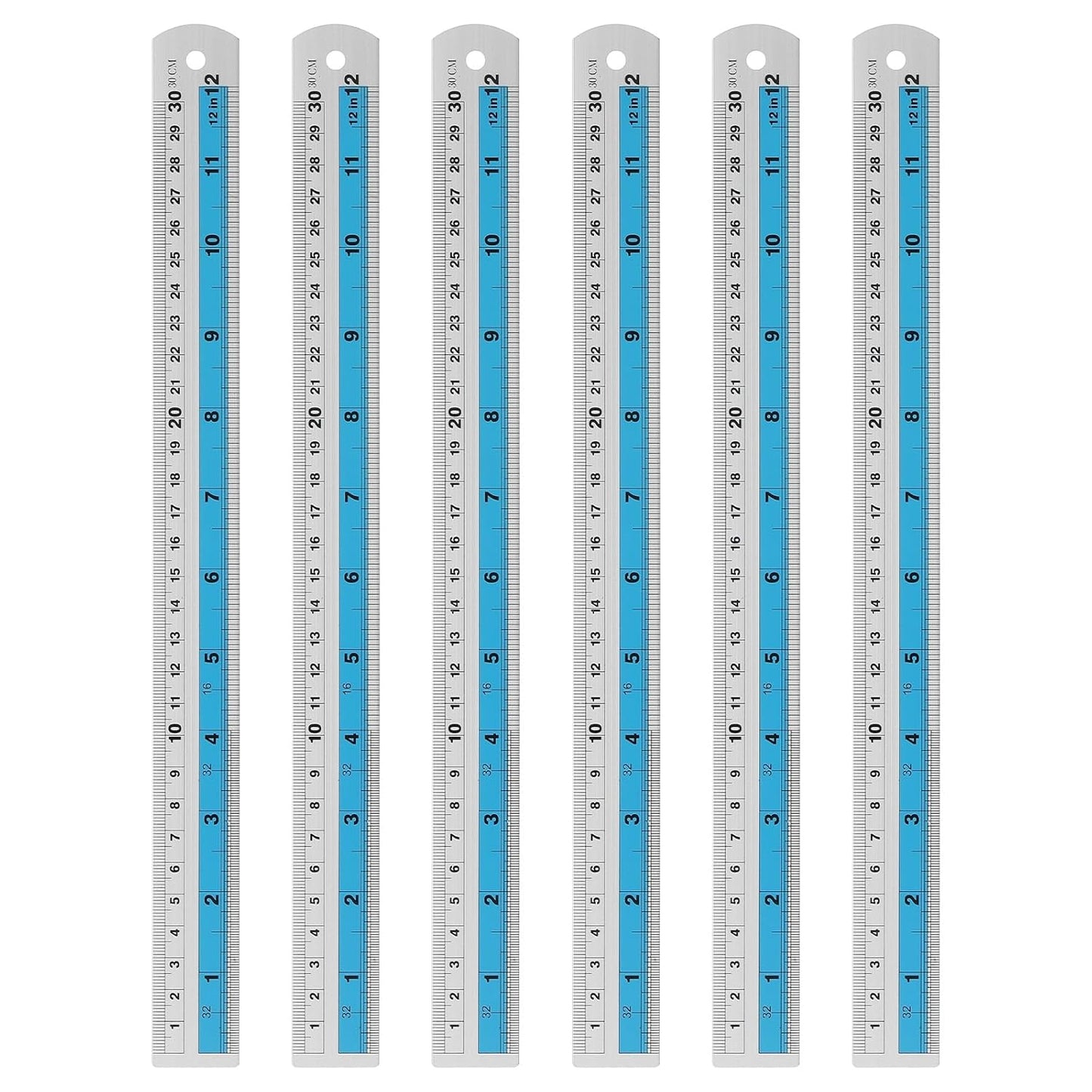 HARFINGTON 6pcs Metal Straight Ruler 30cm Metric SAE Aluminum Alloy Measuring Rulers Scale Tools with Hole for Measure Study Reading Classroom Office, Blue
