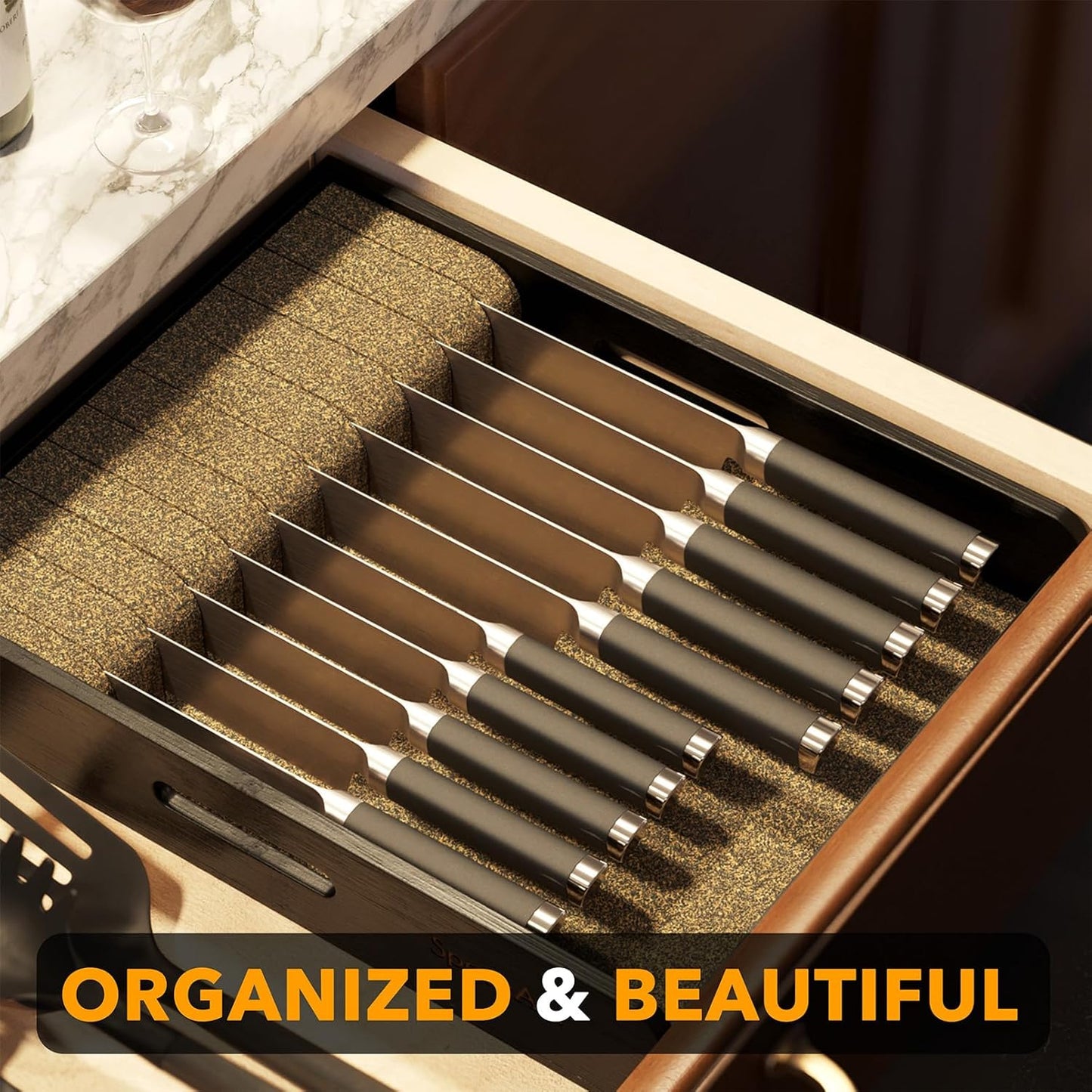 SpaceAid Large Knife Drawer Organizer Bamboo Insert Dock, Kitchen Steak Knives Holder Organizers Block for Drawer in Storage Organization (Large, Black)