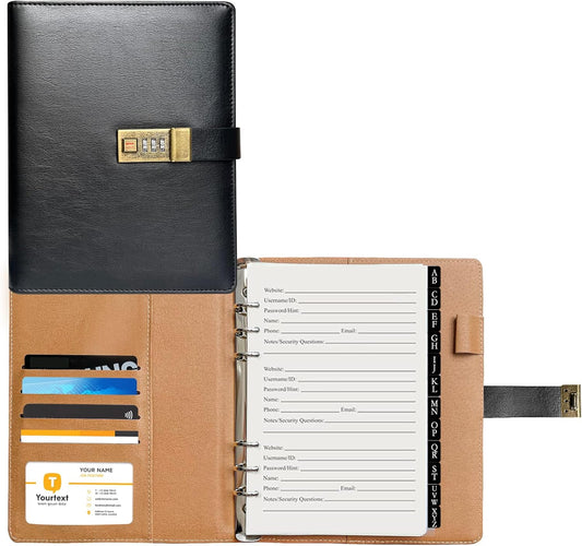 BTSFTOGET Lockable Password Book with Alphabetical Tabs, 302 Pages Vintage Black PU Hardcover Internet Address & Password Organizer Logbook, A5 Refillable Pages Large Print 576 Entries, for Seniors
