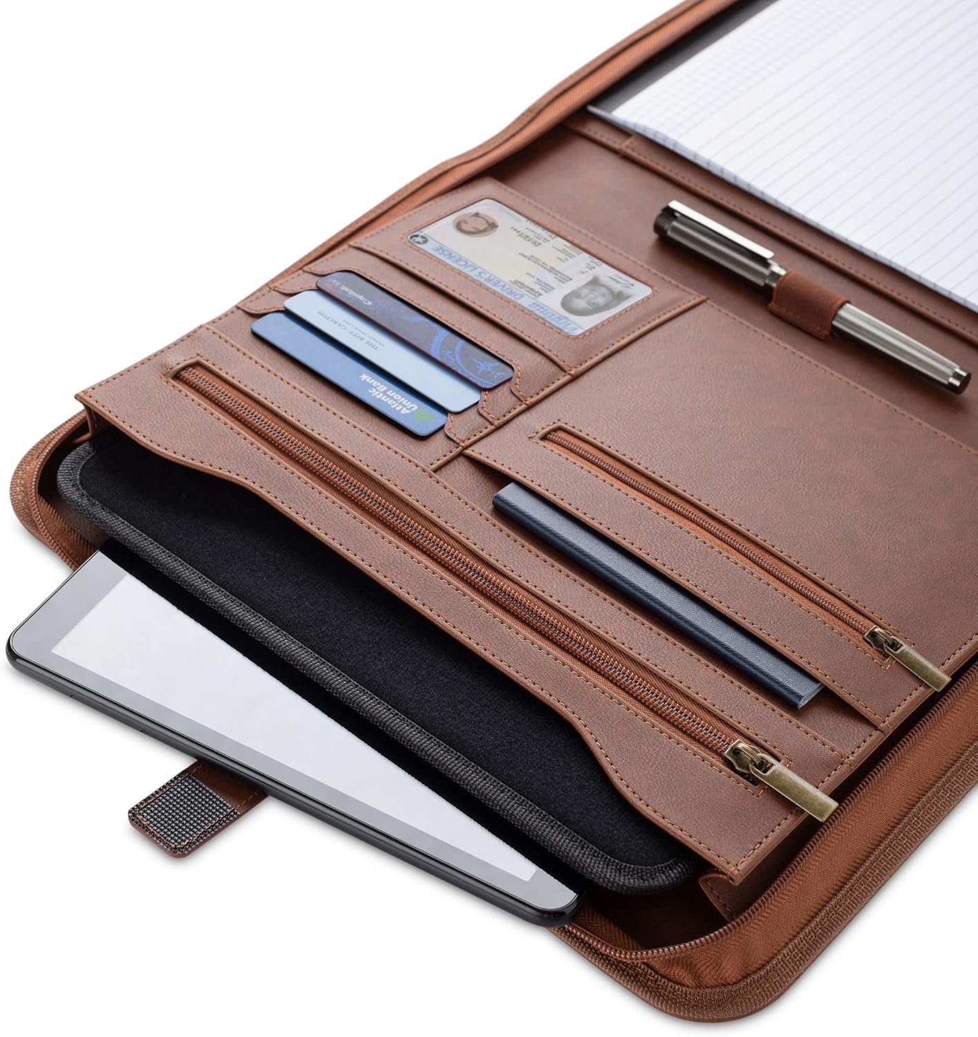 Padfolio Binder - Professional Faux Leather Travel Organizer Pouch for Tablet, Documents, Presentation Folders, Zipper Closure, Notepad - Brown