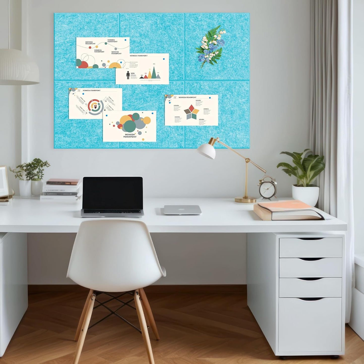 AKTOP Cork Board Bulletin Board 24"x36", 6 Pack Removable Felt Cork Board Tiles for Wall, Large Corkboard Notice Pin Board for Office, School & Home,24 Safe Adhesive Tabs, 20 Push Pins, Baby Blue